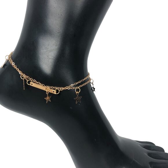 Gold Double Strand Bar and Stars Anklet - Picture 2 of 4